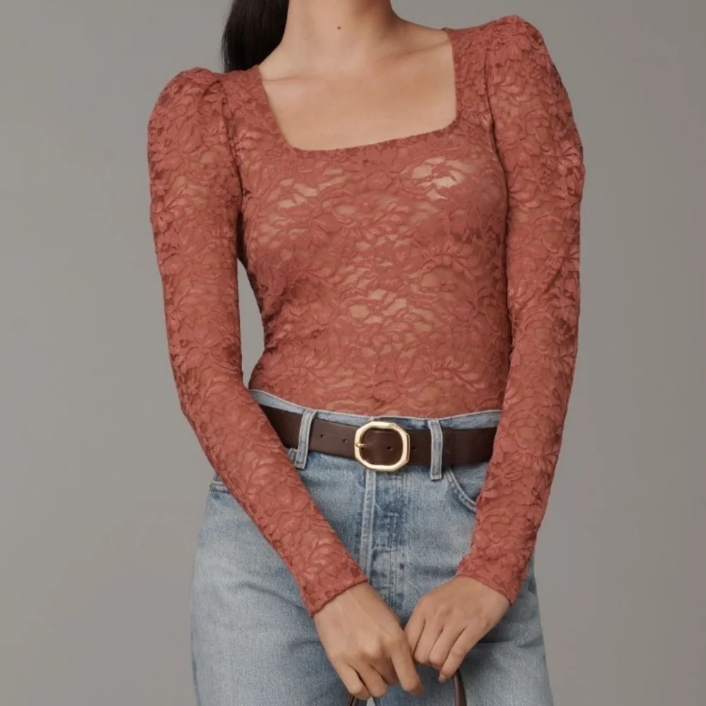 Anthropologie Effortless Regency Puff-Sleeve Sheer Long Sleeve Lace Top Size XS - Picture 1 of 11
